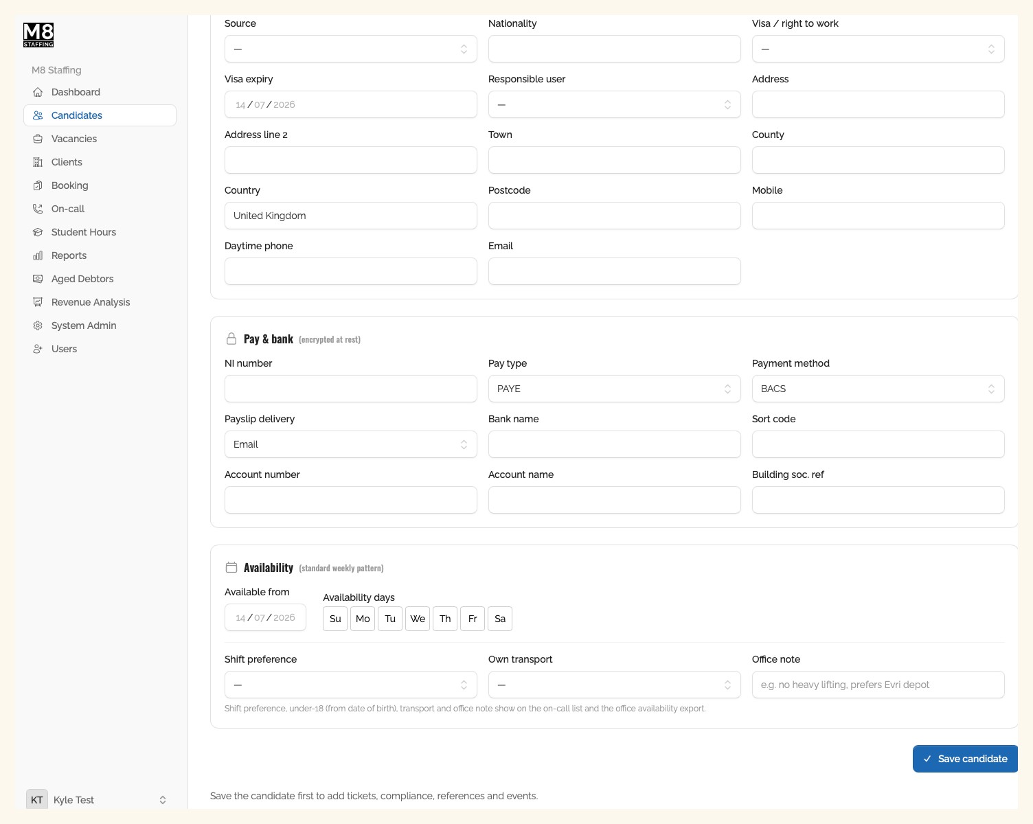 The M8 Staffing candidate entry screen: encrypted pay and bank details, right to work, and weekly availability