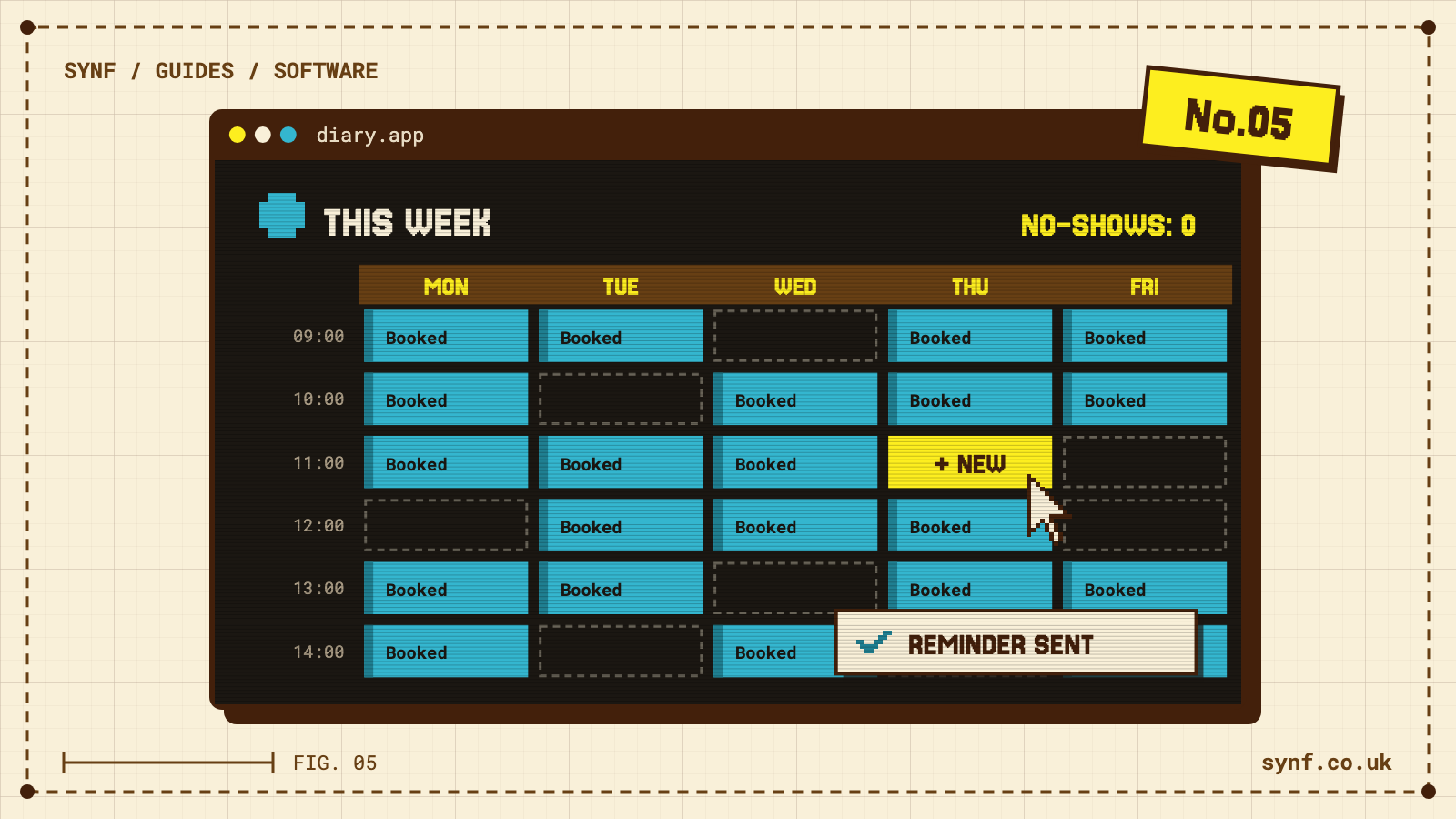 Pixel-art clinic diary for the week with booked slots and a reminder sent notice
