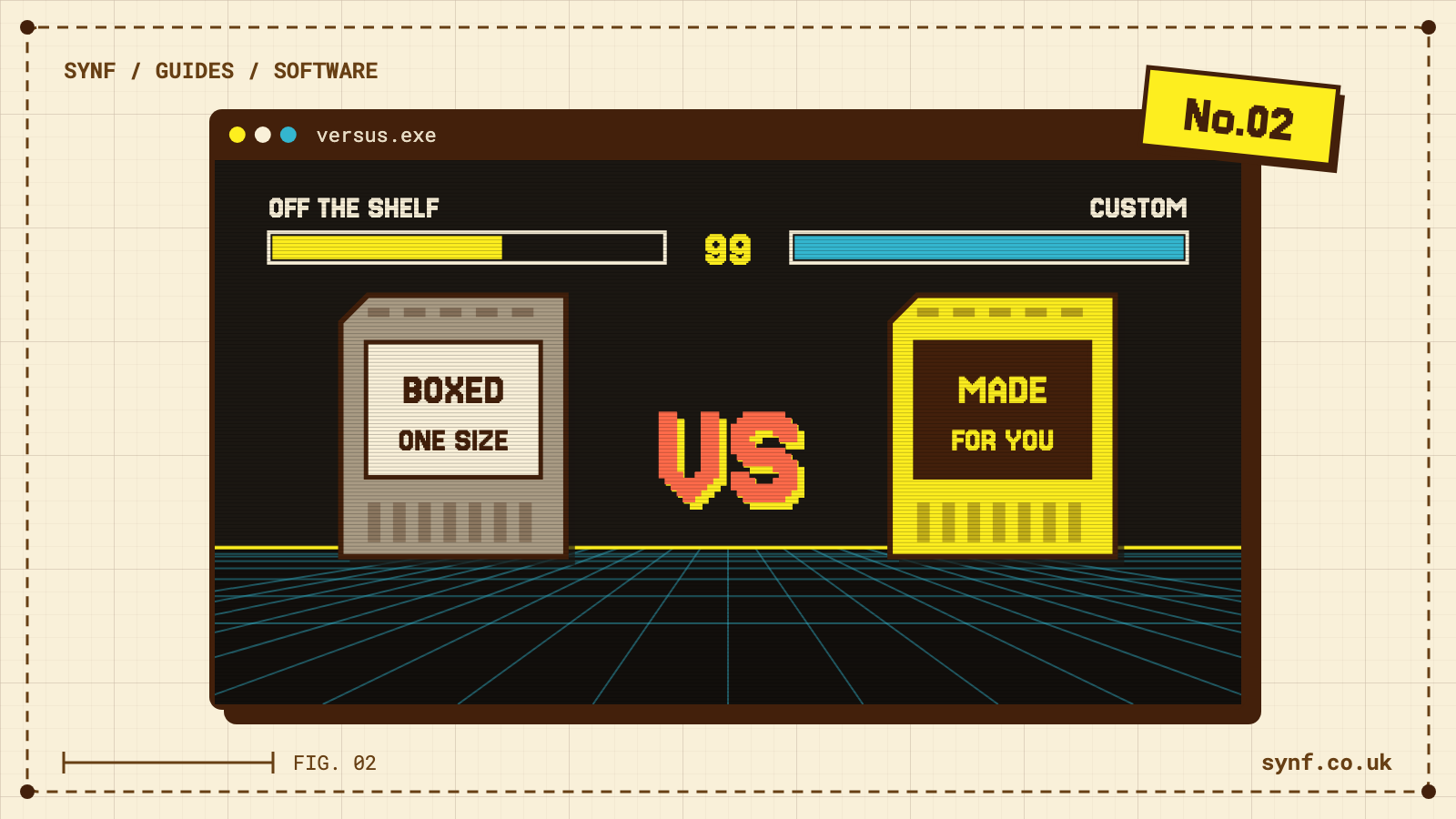 Pixel-art fighting game screen: a grey boxed cartridge versus a yellow made-for-you cartridge