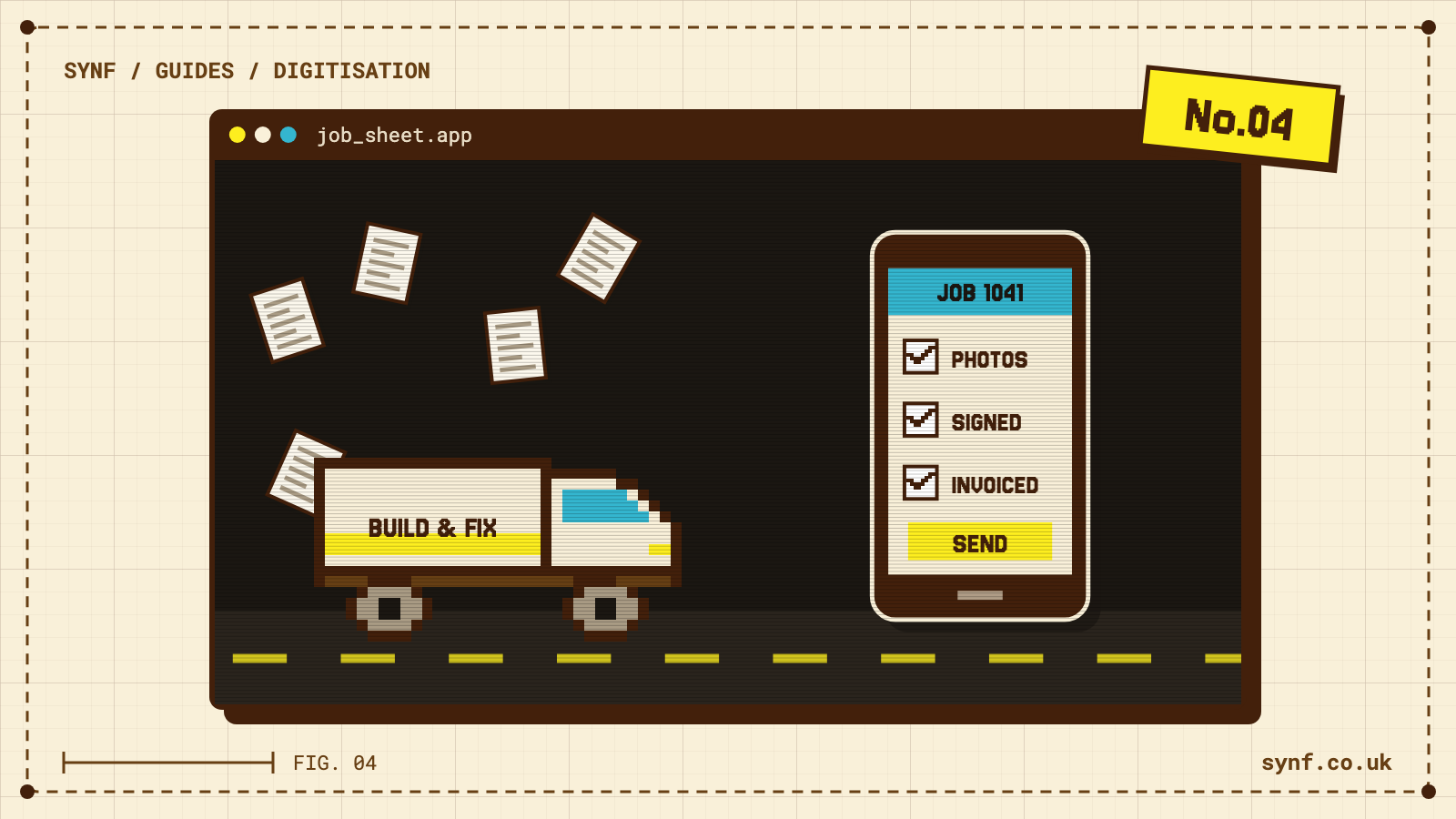 Pixel-art van shedding paper job sheets beside a phone with the job ticked off