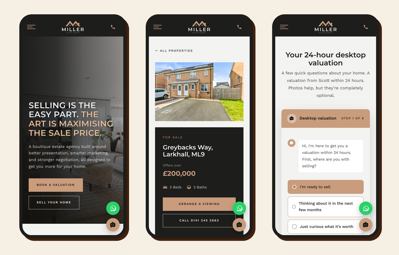 The Miller Estate Agents website on a phone: home page, a property page and the guided valuation